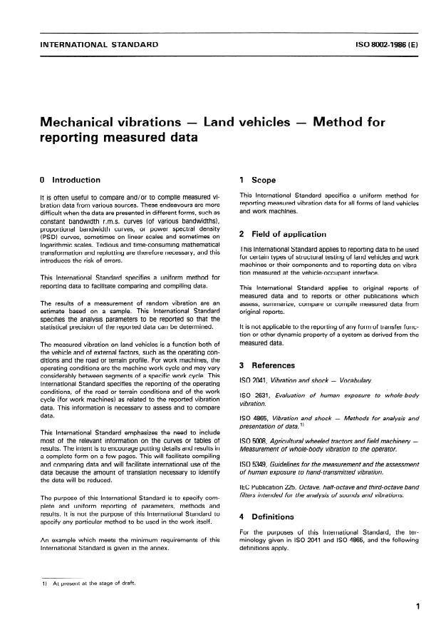 ISO 8002:1986 - Mechanical vibrations -- Land vehicles -- Method for reporting measured data
