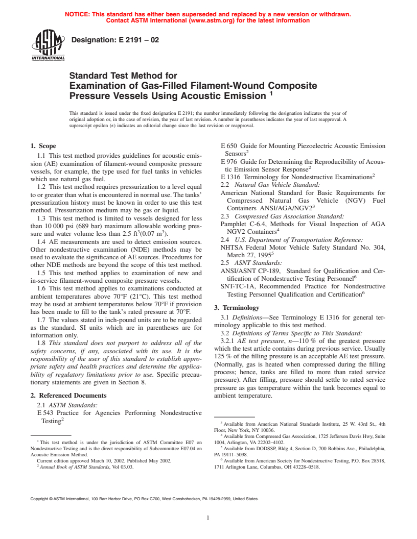 ASTM E2191-02 - Standard Test Method for Examination of Gas-Filled Filament-Wound Composite Pressure Vessels Using Acoustic Emission