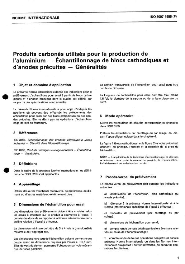 ISO 8007:1985 - Produits carbonés utilisés pour la production de l'aluminium -- Échantillonnage de blocs cathodiques et d'anodes précuites -- Généralités