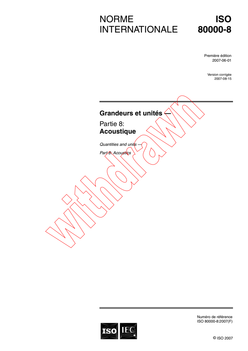 ISO 80000-8:2007 - Quantities and units - Part 8: Acoustics
Released:6/1/2007