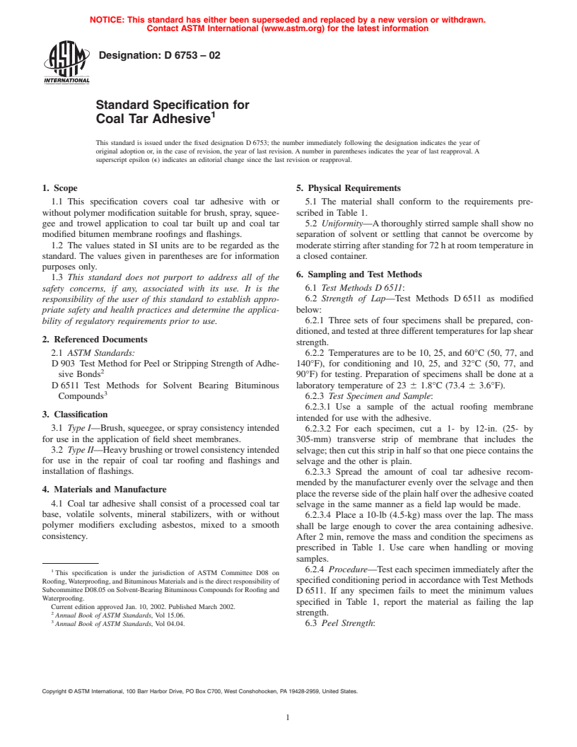 ASTM D6753-02 - Standard Specification for Coal Tar Adhesive