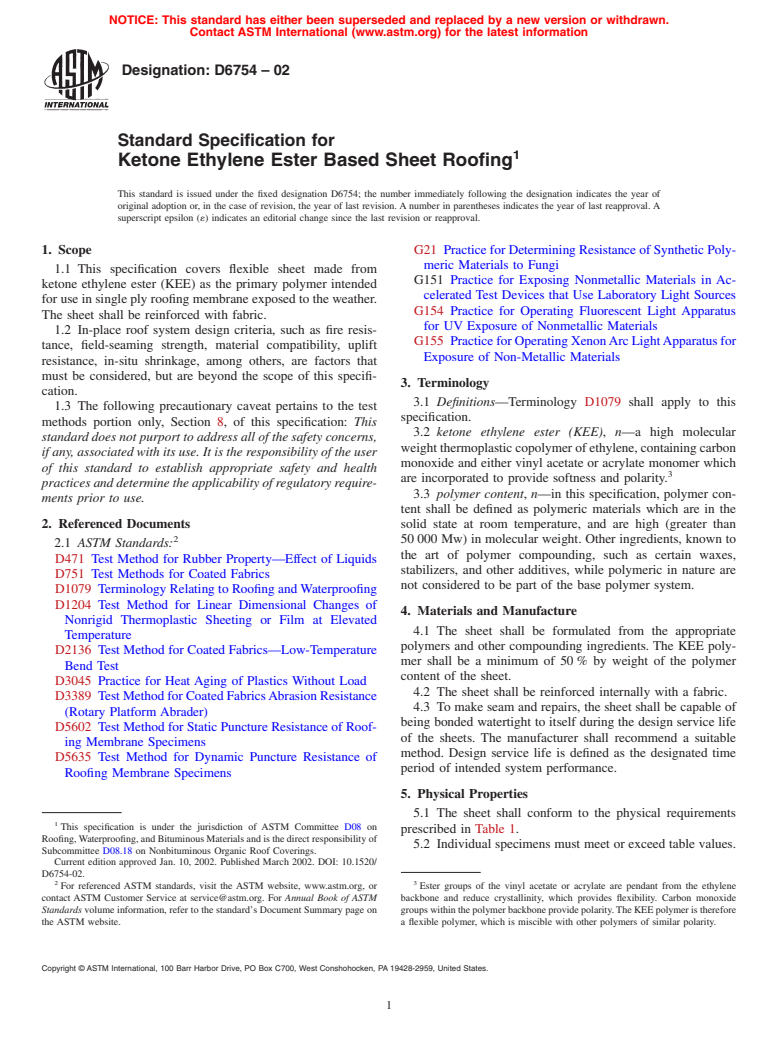 ASTM D6754-02 - Standard Specification for Ketone Ethylene Ester Based Sheet Roofing
