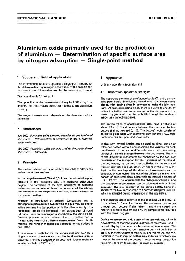 ISO 8008:1986 - Aluminium oxide primarily used for the production of aluminium -- Determination of specific surface area by nitrogen adsorption -- Single-point method