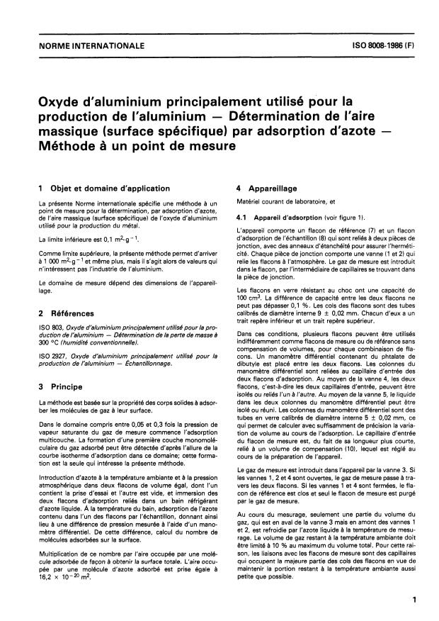 ISO 8008:1986 - Oxyde d'aluminium principalement utilisé pour la production de l'aluminium -- Détermination de l'aire massique (surface spécifique) par adsorption d'azote -- Méthode a un point de mesure