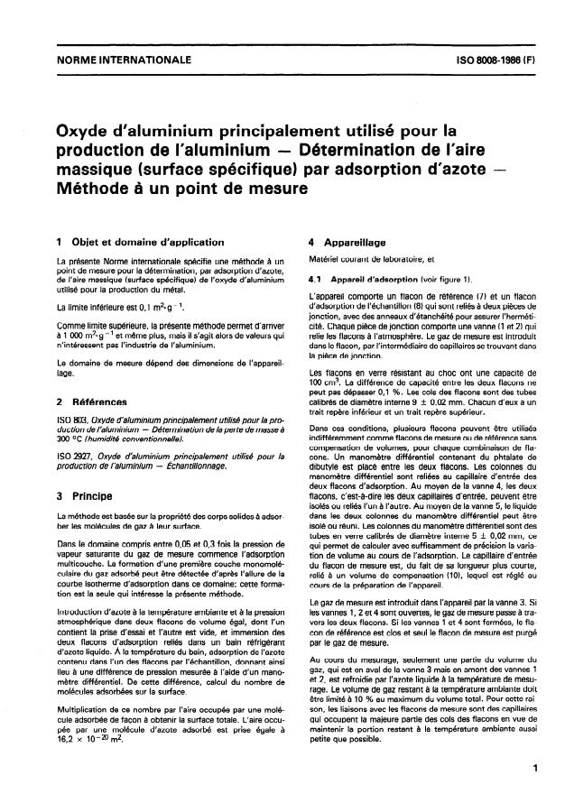 ISO 8008:1986 - Oxyde d'aluminium principalement utilisé pour la production de l'aluminium -- Détermination de l'aire massique (surface spécifique) par adsorption d'azote -- Méthode a un point de mesure