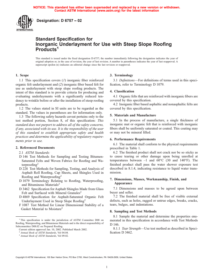 ASTM D6757-02 - Standard Specification for Inorganic Underlayment for Use with Steep Slope Roofing Products