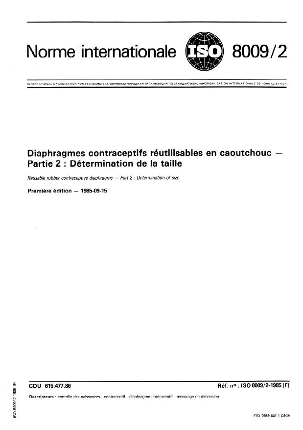 ISO 8009-2:1985 - Diaphragmes contraceptifs réutilisables en caoutchouc