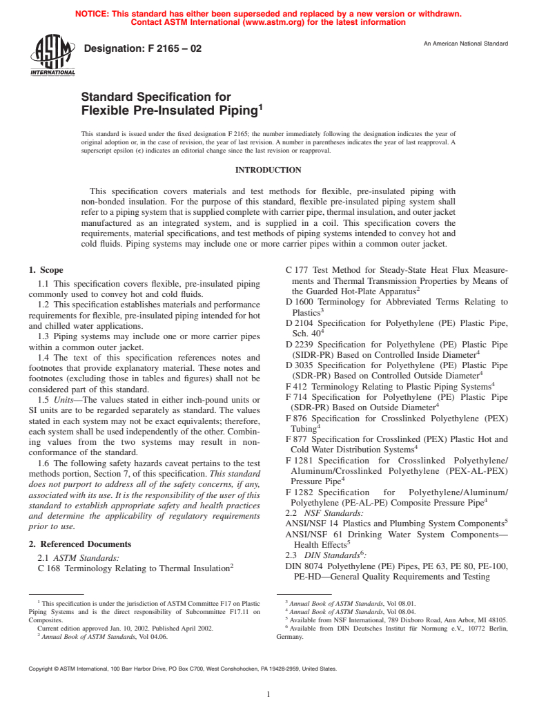 ASTM F2165-02 - Standard Specification for Flexible Pre-Insulated Piping