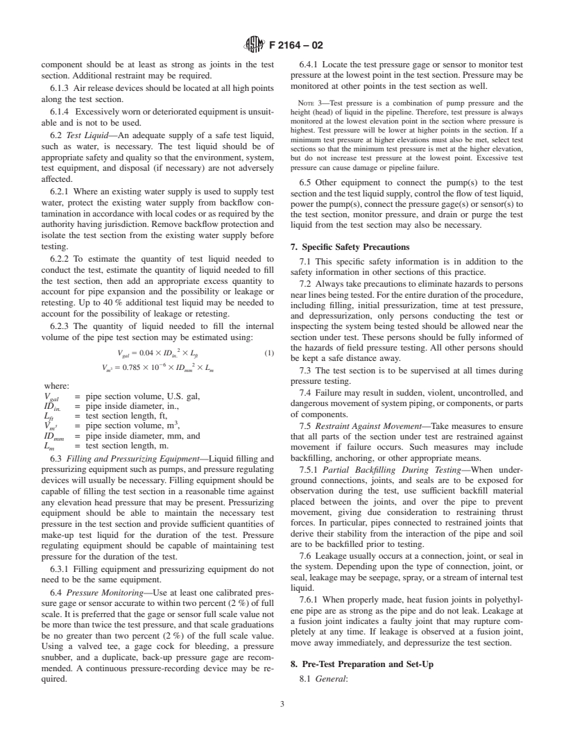 ASTM F2164-02 - Standard Practice for Field Leak Testing of Polyethylene (PE) Pressure Piping Systems Using Hydrostatic Pressure