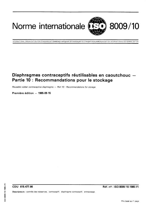 ISO 8009-10:1985 - Diaphragmes contraceptifs réutilisables en caoutchouc