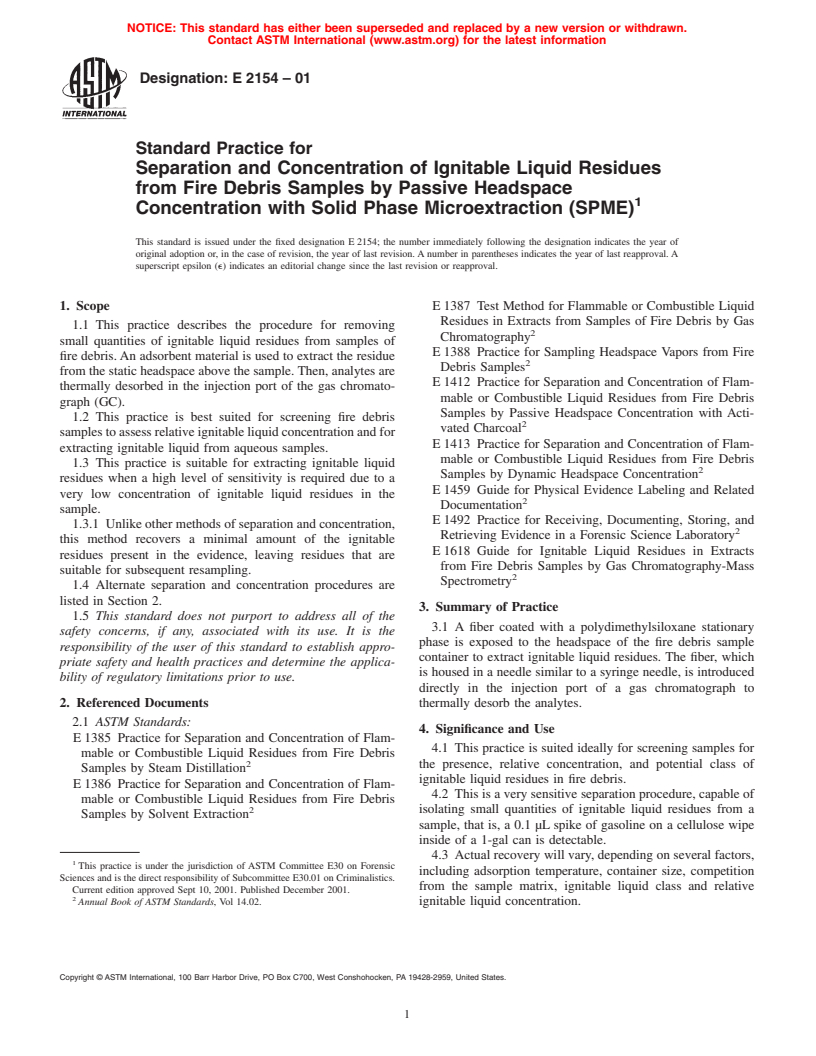 ASTM E2154-01 - Standard Practice for Separation and Concentration of Ignitable Liquid Residues from Fire Debris Samples by Passive Headspace Concentration with Solid Phase Microextraction (SPME)