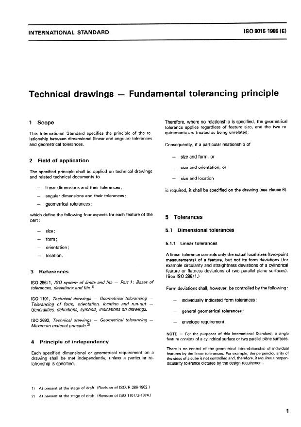 ISO 8015:1985 - Technical drawings -- Fundamental tolerancing principle