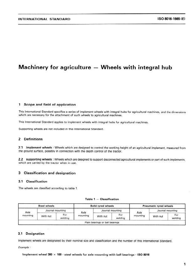 ISO 8016:1985 - Machinery for agriculture -- Wheels with integral hub