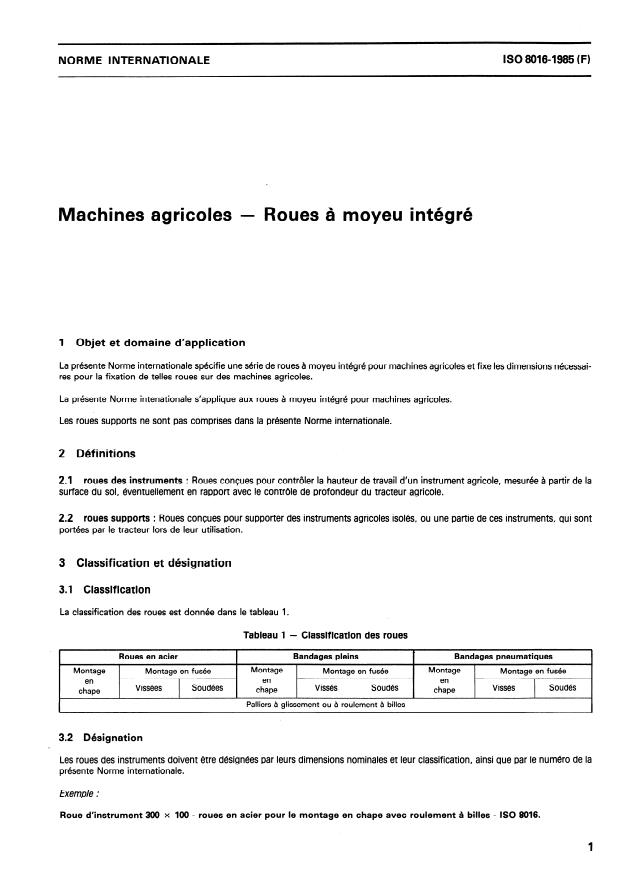ISO 8016:1985 - Machines agricoles -- Roues a moyeu intégré
