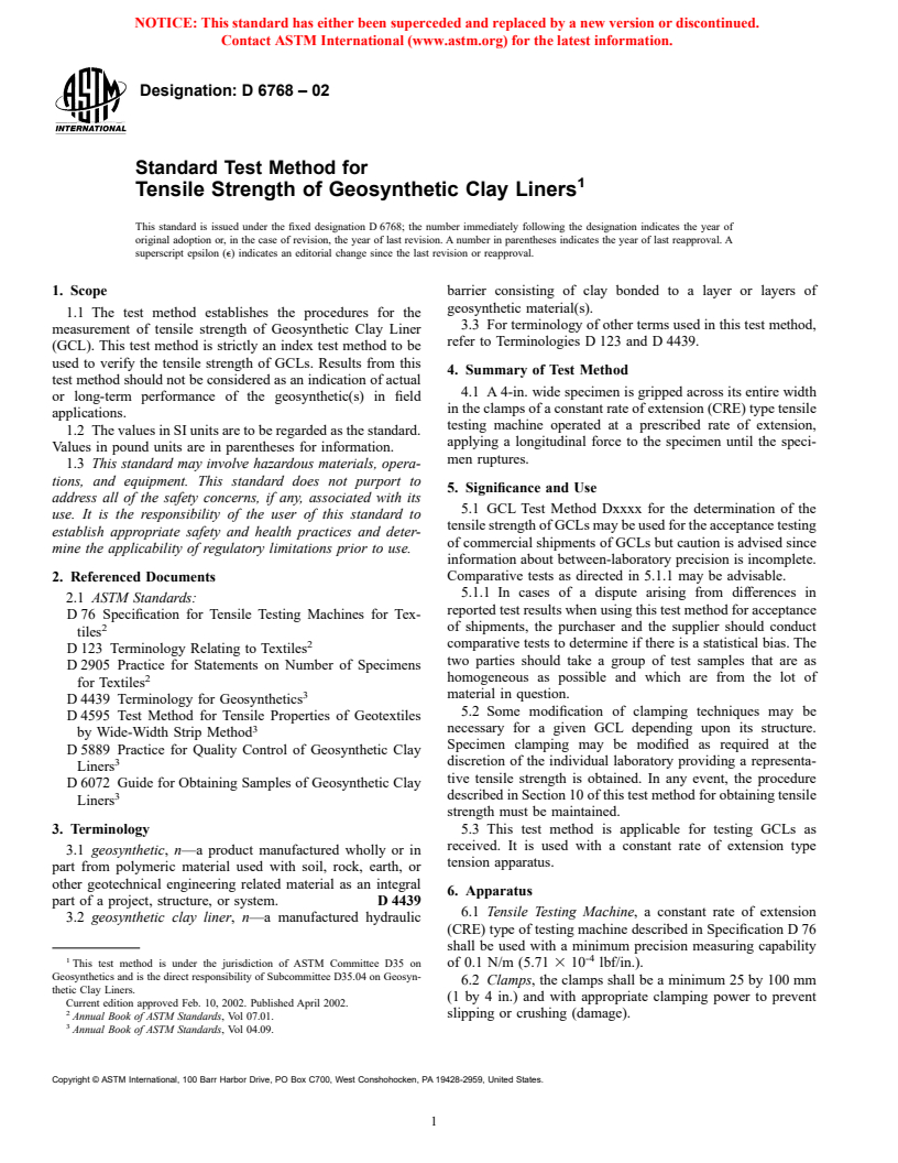 ASTM D6768-02 - Standard Test Method for Tensile Strength of Geosynthetic Clay Liners