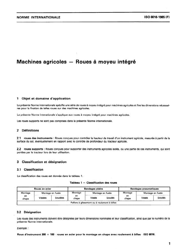 ISO 8016:1985 - Machines agricoles -- Roues a moyeu intégré