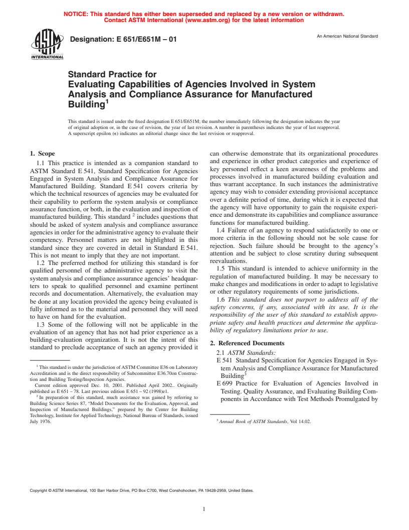 ASTM E651/E651M-01 - Standard Practice for Evaluating Capabilities of Agencies Involved in System Analysis and Compliance Assurance for Manufactured Building