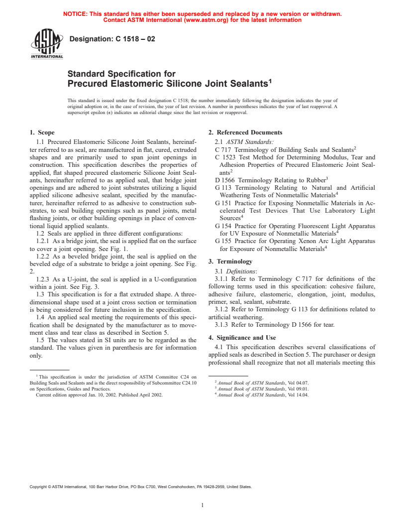 ASTM C1518-02 - Standard Specification for Precured Elastomeric Silicone Joint Sealants