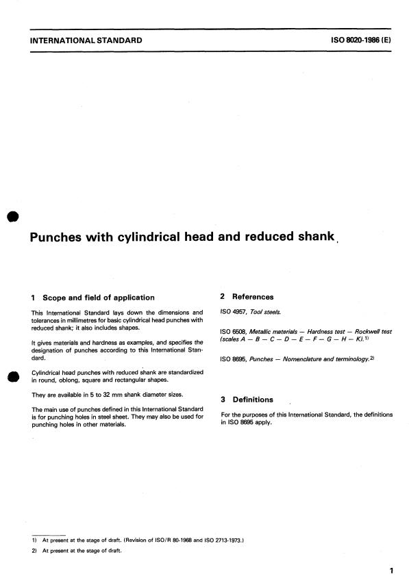 ISO 8020:1986 - Punches with cylindrical head and reduced shank