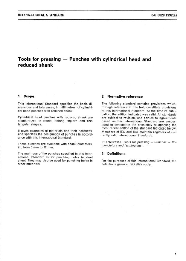 ISO 8020:1992 - Tools for pressing -- Punches with cylindrical head and reduced shank