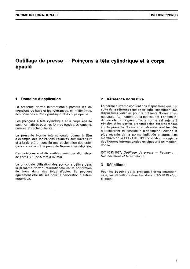 ISO 8020:1992 - Outillages de presse -- Poinçons a tete cylindrique et a corps épaulé