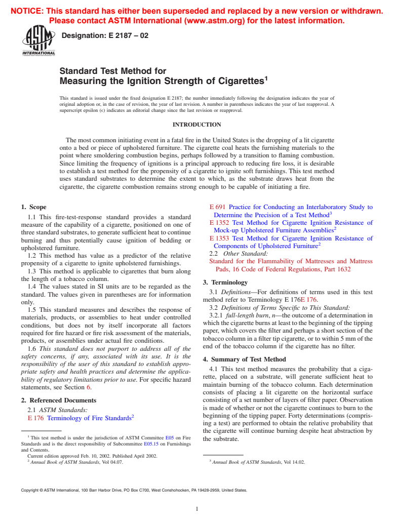 ASTM E2187-02 - Standard Test Method for Measuring the Ignition Strength of Cigarettes
