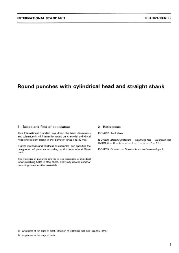 ISO 8021:1986 - Round punches with cylindrical head and straight shank