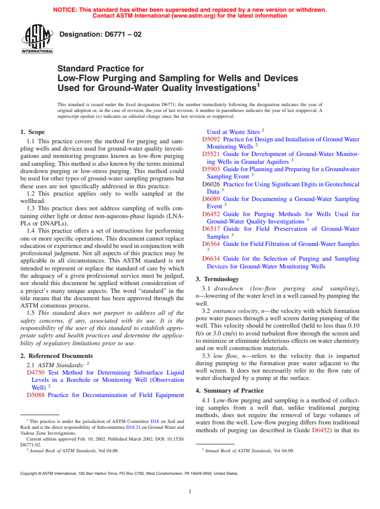 ASTM D6771-02 - Standard Practice for Low-Flow Purging and Sampling for Wells and Devices Used for Ground-Water Quality Investigations (Withdrawn 2011)