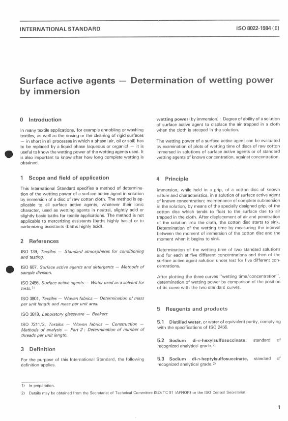 ISO 8022:1984 - Surface active agents -- Determination of wetting power by immersion