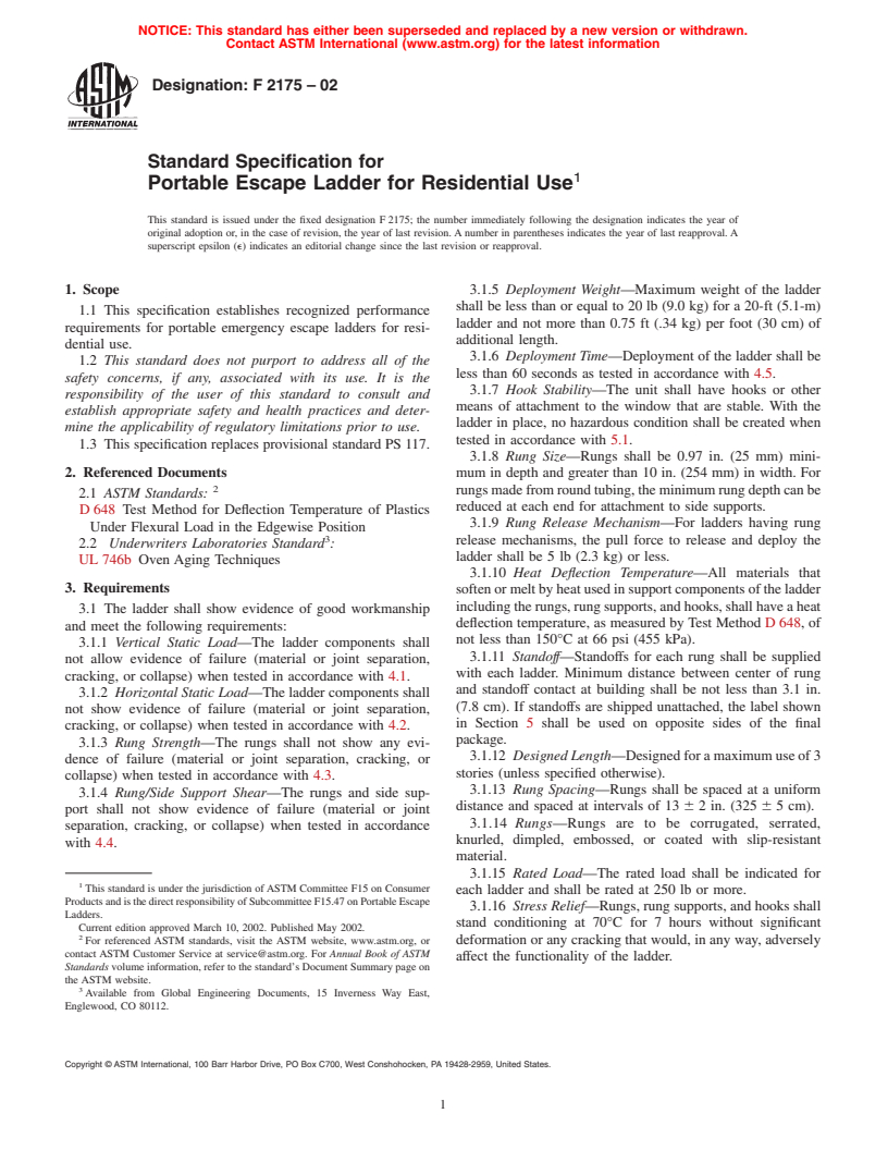 ASTM F2175-02 - Standard Specification for Portable Escape Ladder for Residential Use