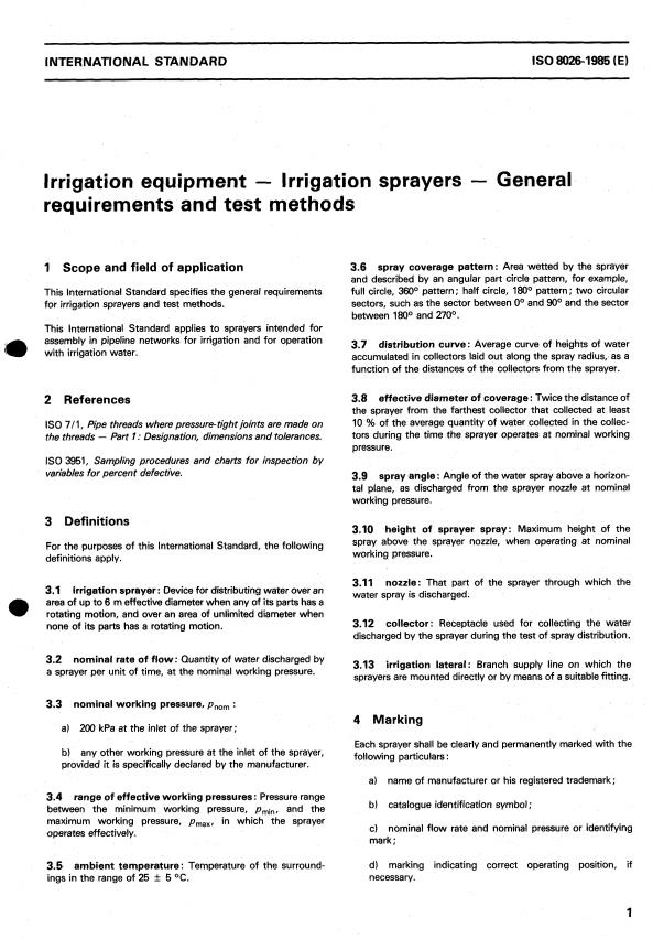 ISO 8026:1985 - Irrigation equipment -- Irrigation sprayers -- General requirements and test methods