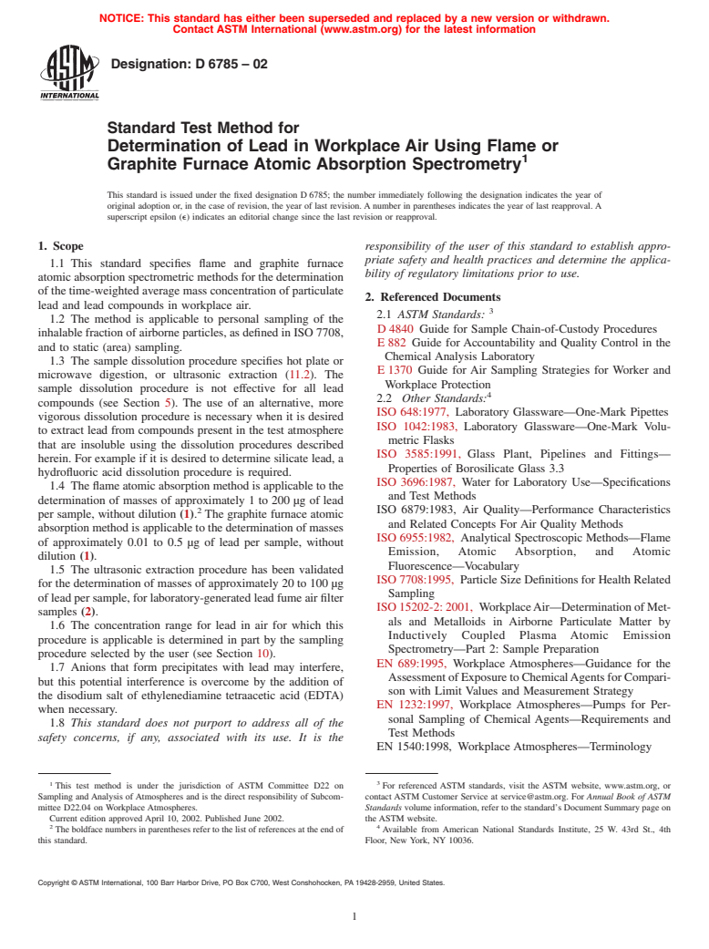 ASTM D6785-02 - Standard Test Method for Determination of Lead in Workplace Air Using Flame or Graphite Furnace Atomic Absorption Spectrometry