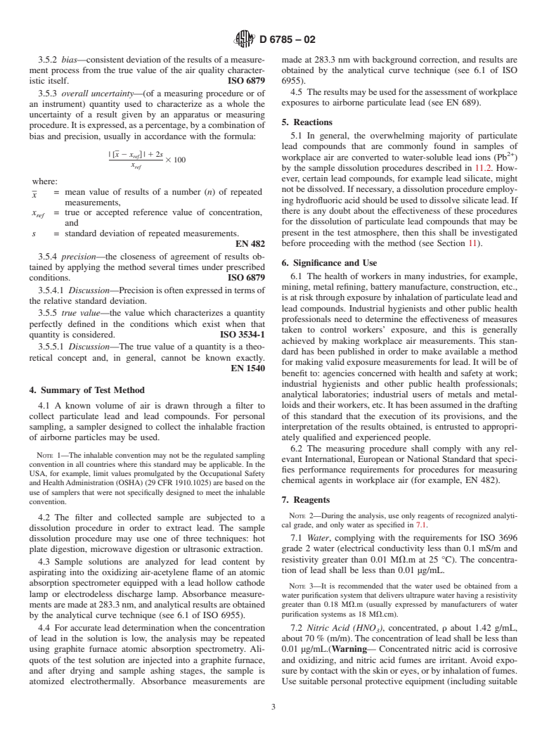 ASTM D6785-02 - Standard Test Method for Determination of Lead in Workplace Air Using Flame or Graphite Furnace Atomic Absorption Spectrometry