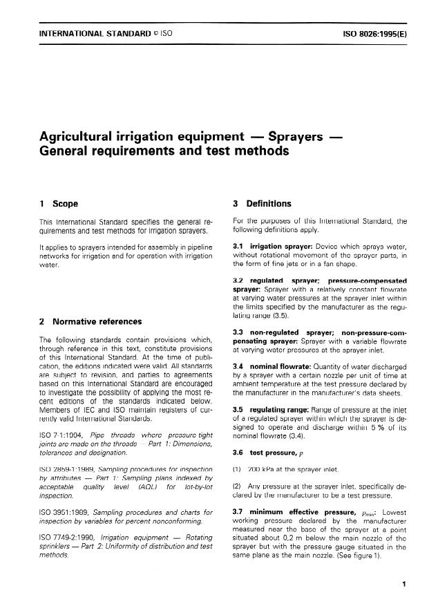 ISO 8026:1995 - Agricultural irrigation equipment -- Sprayers -- General requirements and test methods