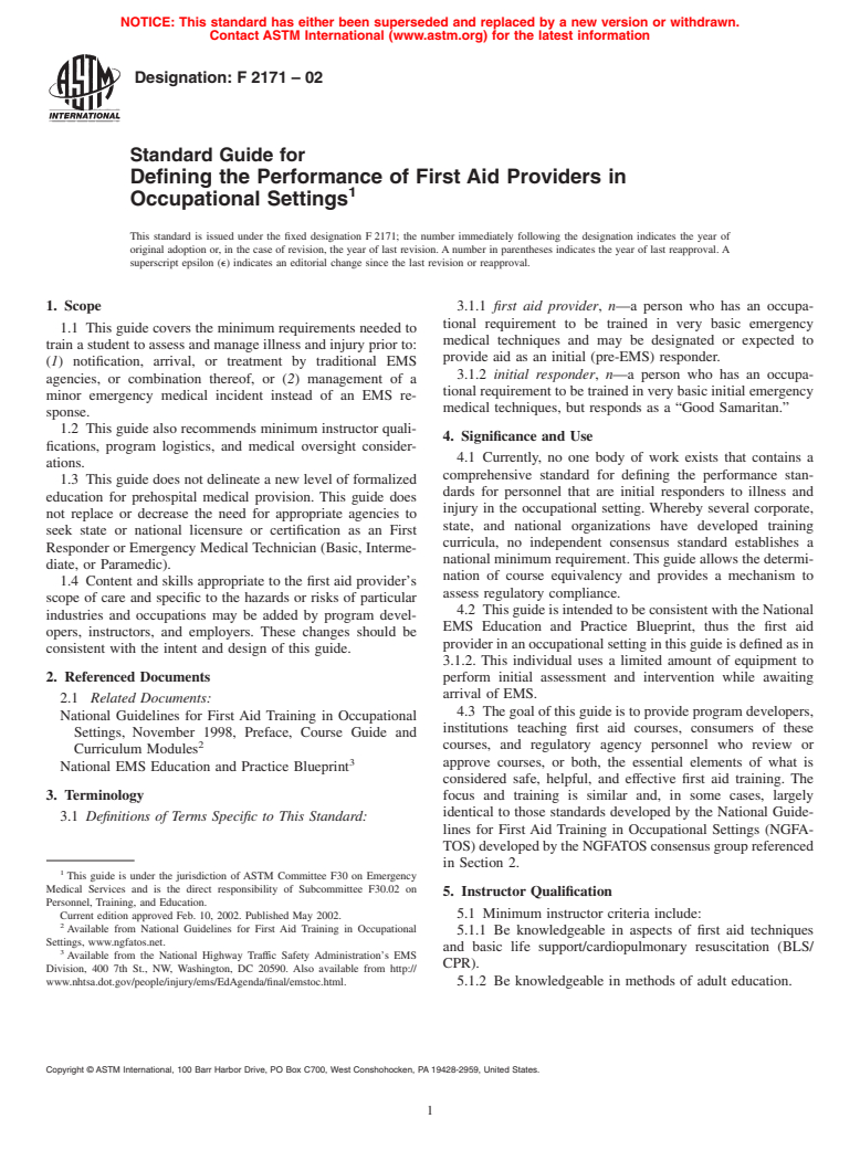 ASTM F2171-02 - Standard Guide for Defining the Performance of First Aid Providers in Occupational Settings