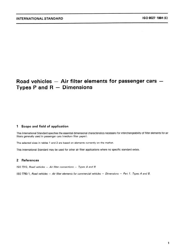 ISO 8027:1984 - Road vehicles -- Air filter elements for passenger cars -- Types P and R -- Dimensions