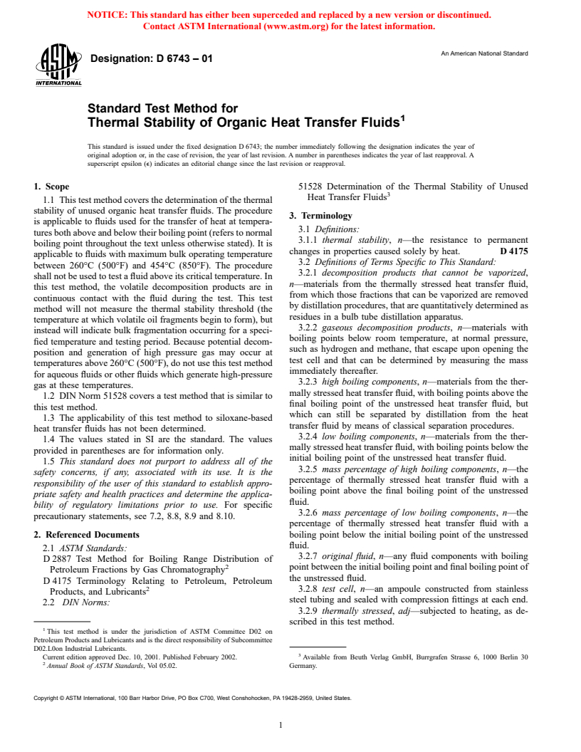 ASTM D6743-01 - Standard Test Method for Thermal Stability of Organic Heat Transfer Fluids