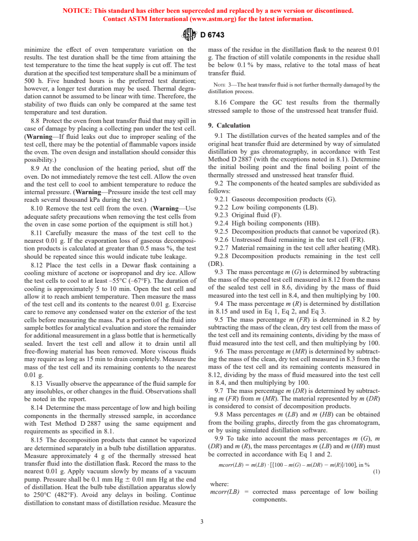 ASTM D6743-01 - Standard Test Method for Thermal Stability of Organic Heat Transfer Fluids