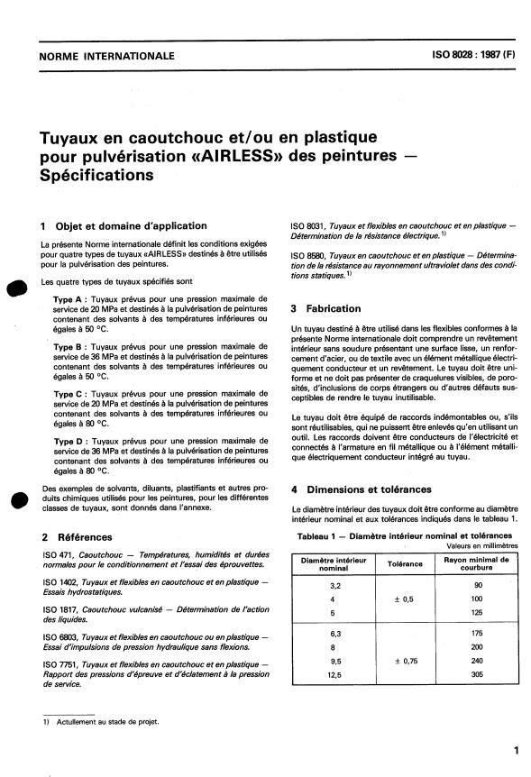 ISO 8028:1987 - Tuyaux en caoutchouc et/ou en plastique pour pulvérisation "AIRLESS" des peintures -- Spécifications