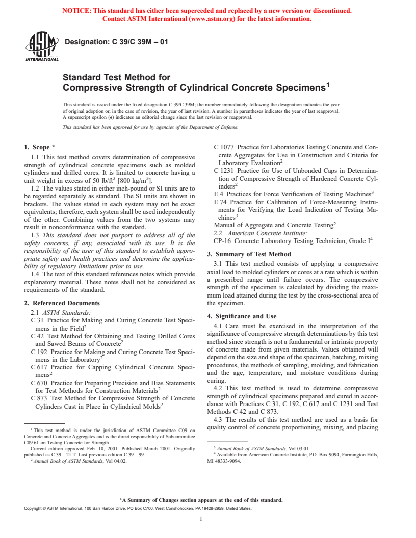 ASTM C39/C39M-01 - Standard Test Method for Compressive Strength of Cylindrical Concrete Specimens