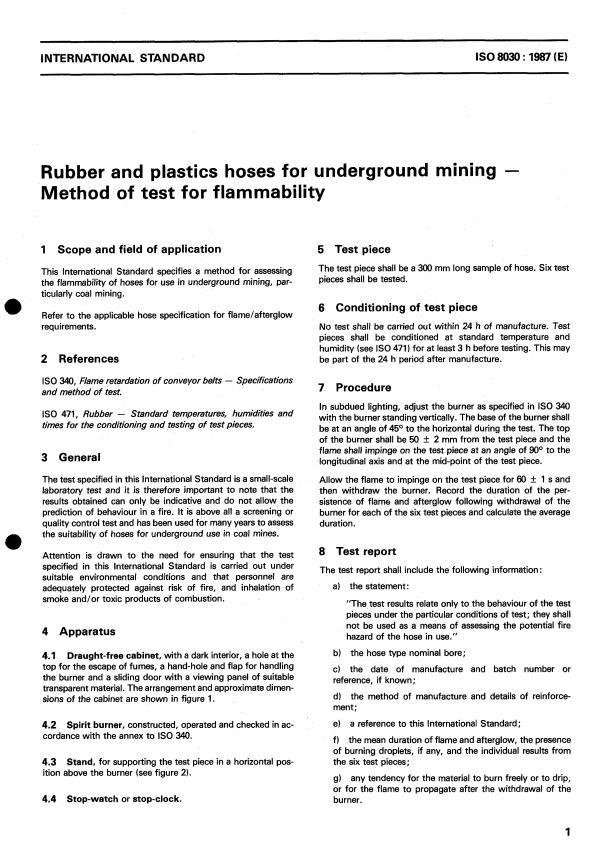ISO 8030:1987 - Rubber and plastics hoses for underground mining -- Method of test for flammability