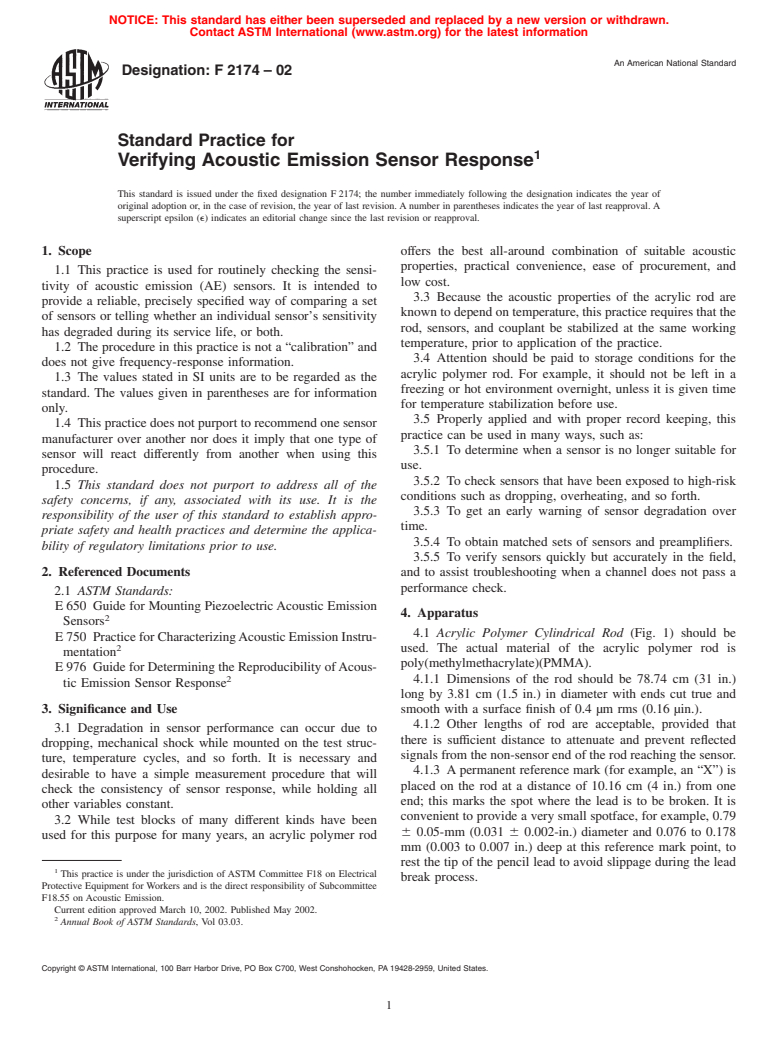 ASTM F2174-02 - Standard Practice for Verifying Acoustic Emission Sensor Response