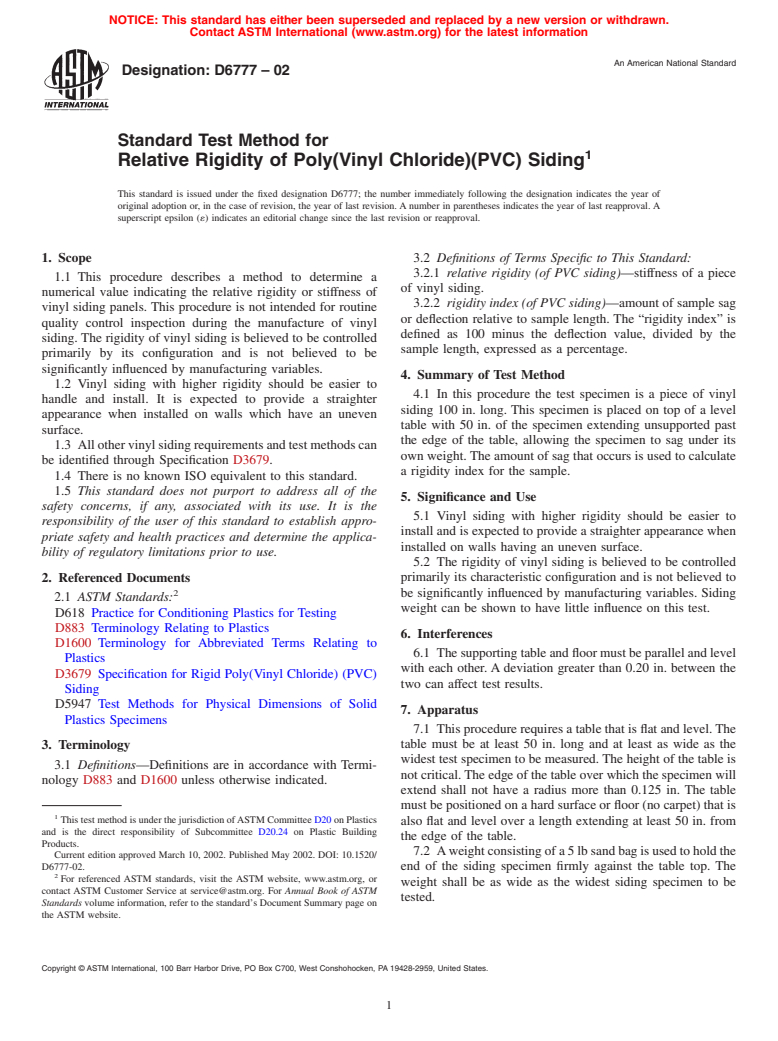 ASTM D6777-02 - Standard Test Method for Relative Rigidity of Poly(Vinyl Chloride)(PVC) Siding