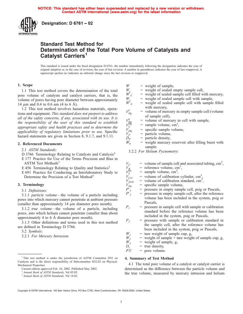 ASTM D6761-02 - Standard Test Method for Determination of the Total Pore Volume of Catalysts and Catalyst Carriers