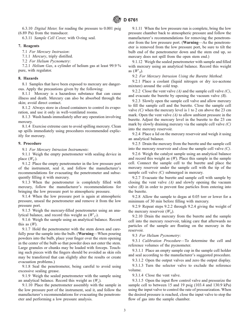 ASTM D6761-02 - Standard Test Method for Determination of the Total Pore Volume of Catalysts and Catalyst Carriers