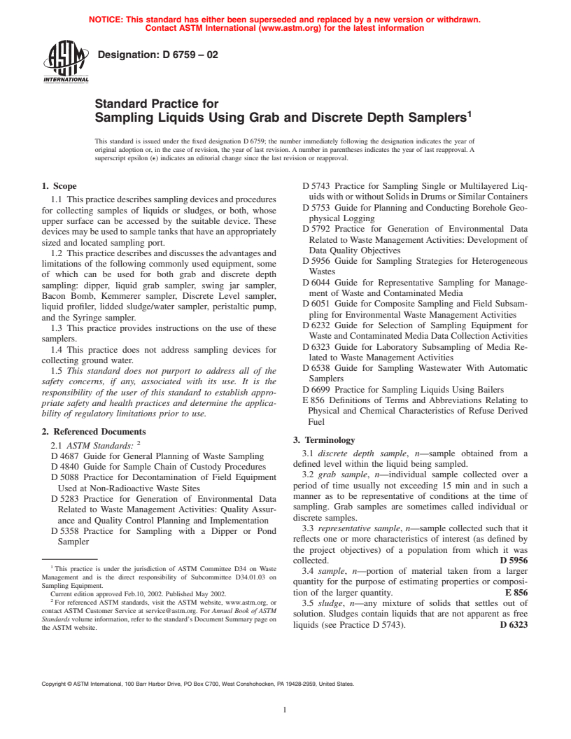 ASTM D6759-02 - Standard Practice for Sampling Liquids Using Grab and Discrete Depth Samplers