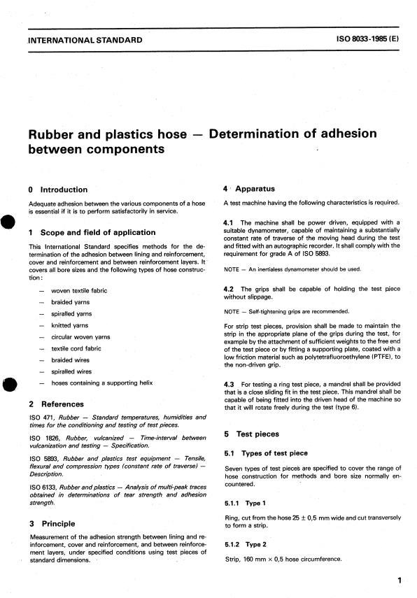 ISO 8033:1985 - Rubber and plastics hose -- Determination of adhesion between components