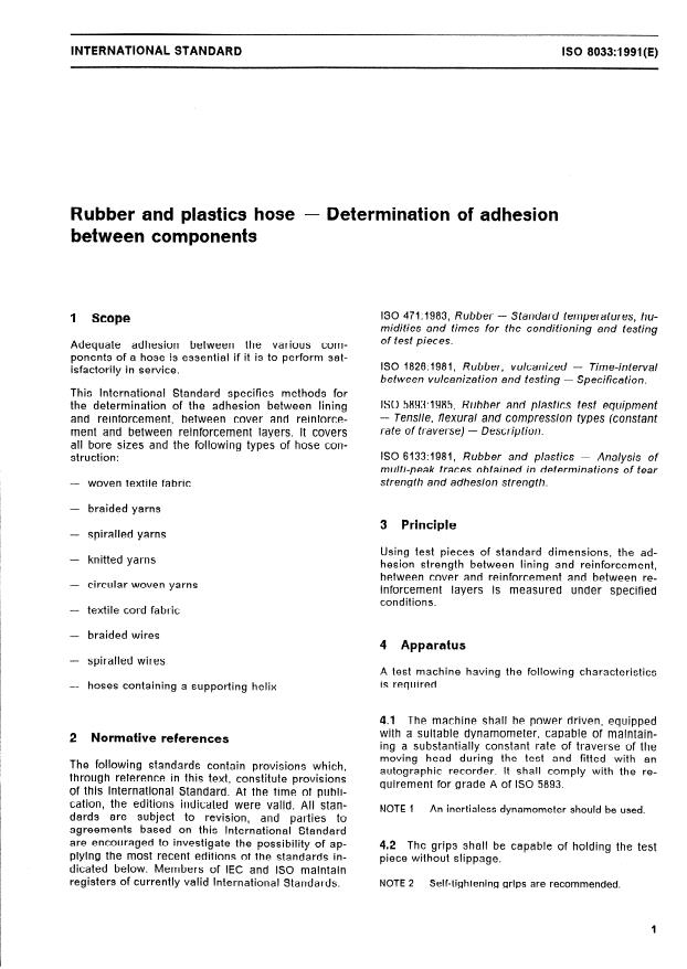 ISO 8033:1991 - Rubber and plastics hose -- Determination of adhesion between components