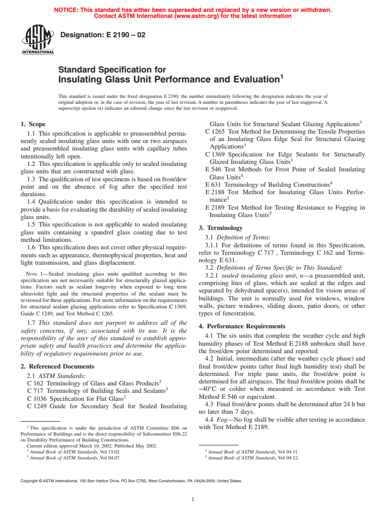 ASTM E2190-02 - Standard Specification for Insulating Glass Unit Performance and Evaluation