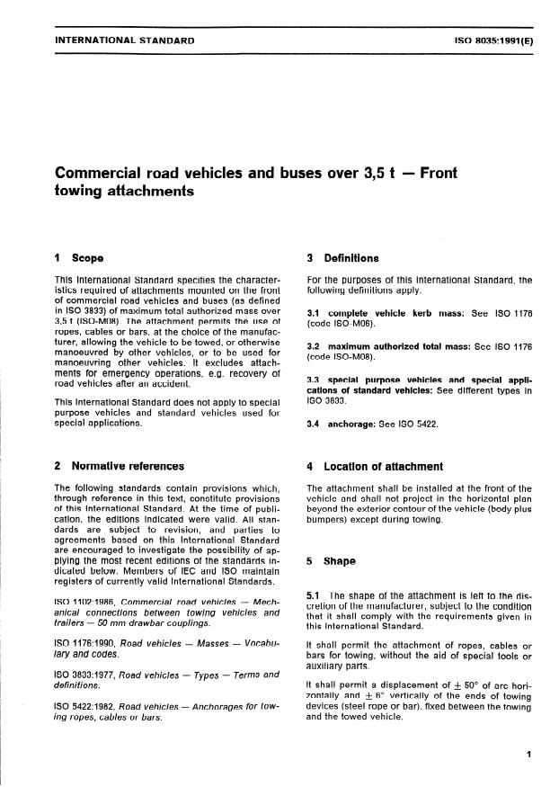 ISO 8035:1991 - Commercial road vehicles and buses over 3,5 t -- Front towing attachments